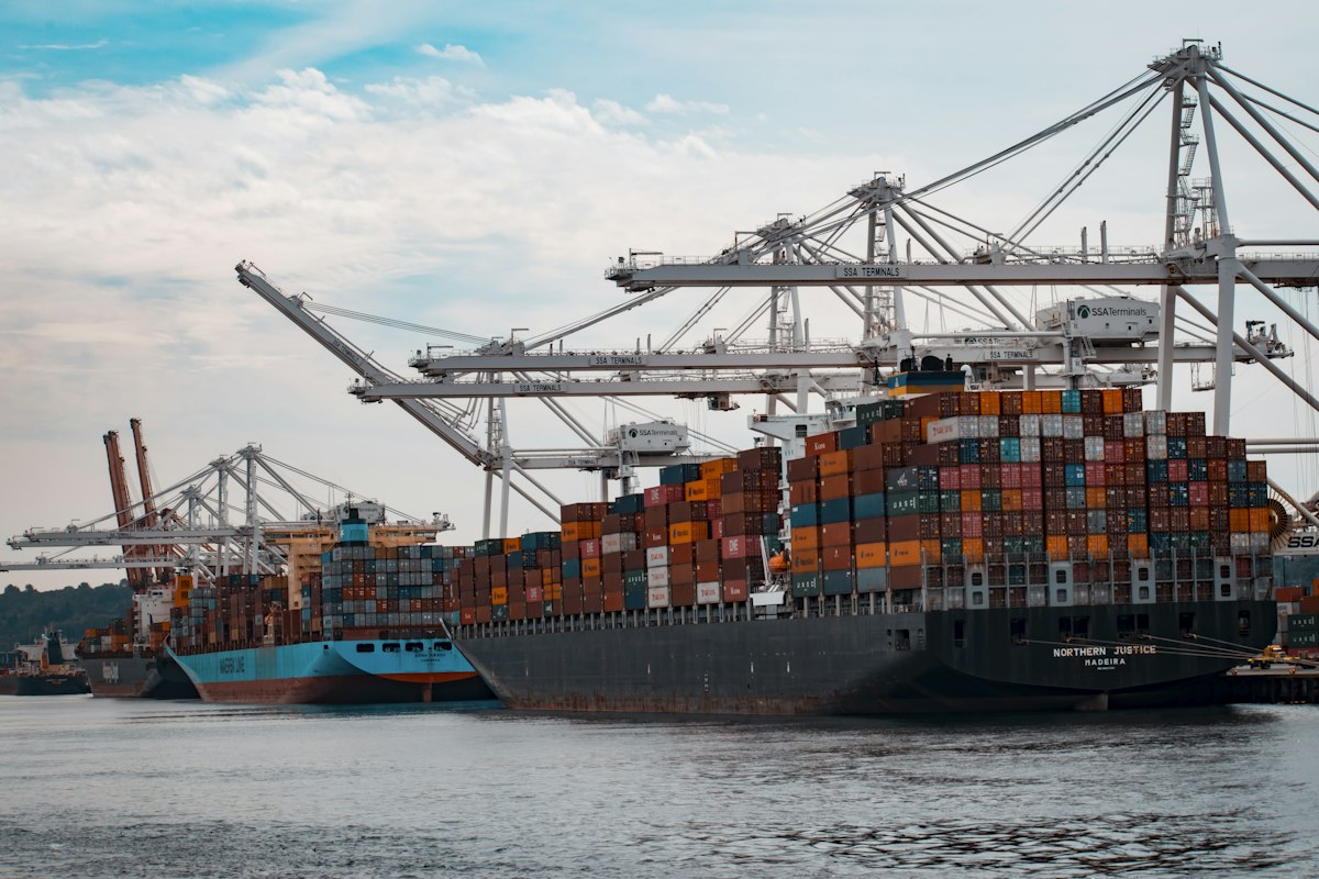 Container terminal with gantry cranes at the port